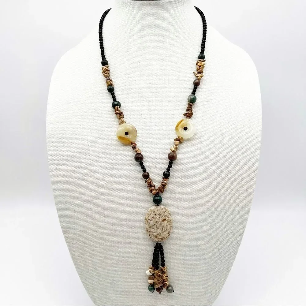 Natural Stone Round Bead Oval Pendant Chip Tassel Boho Fashion Necklace 34”